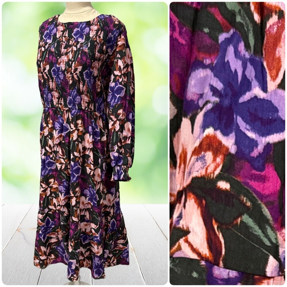 New TERRA SKY Maxi Dress Smocked Bodice Floral Long Sleeves Pockets Plus 3X